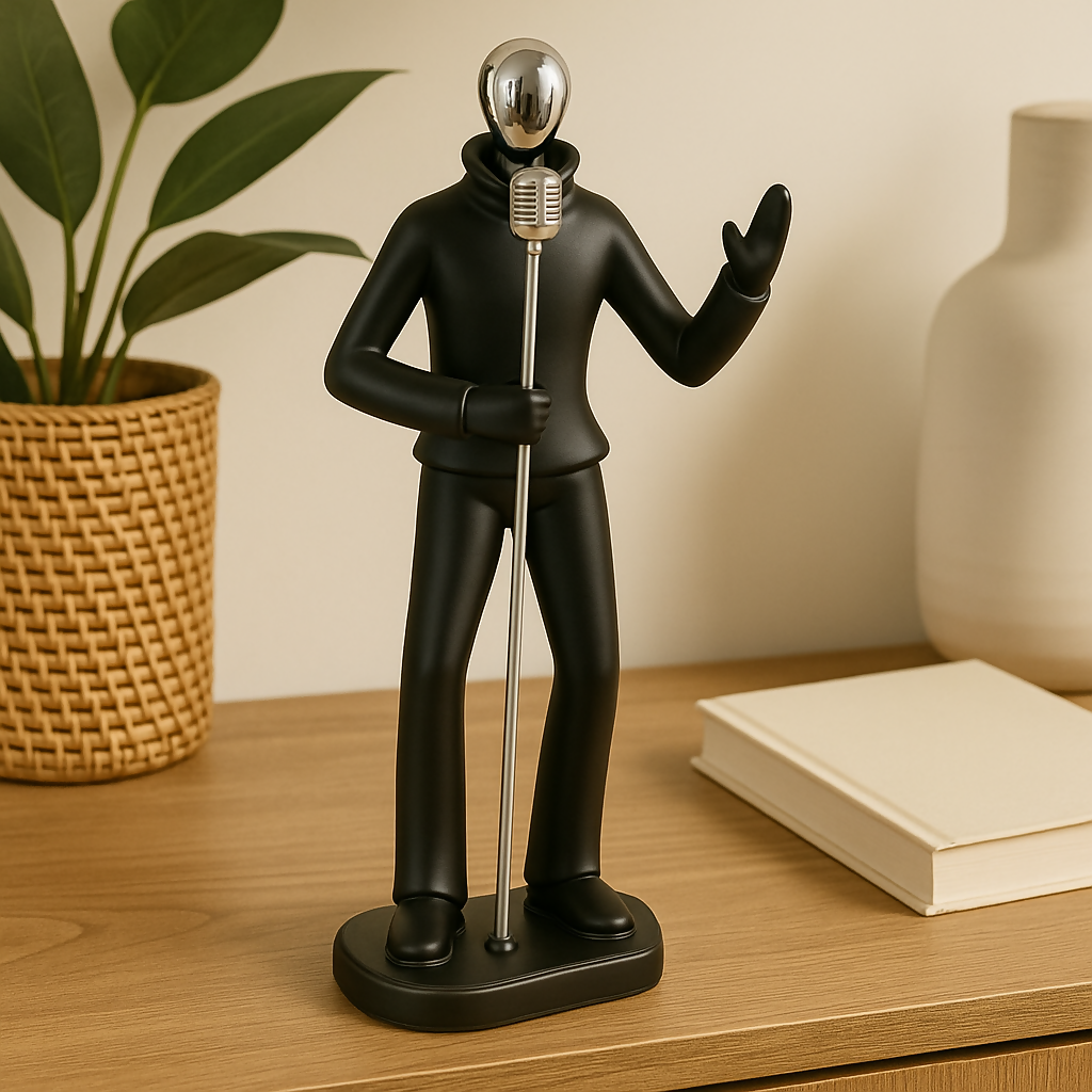 HOME DECOR Black Resin Singer Figurine with Microphone – Modern Musician Decor