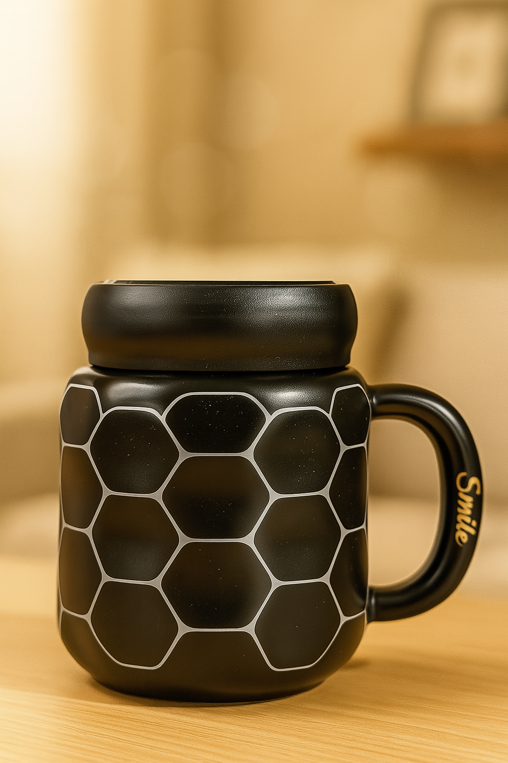 Premium Black Hexagon Pattern Ceramic Coffee Mug with Lid | Insulated Designer Tea Mug for Office & Home | Stylish Textured Matte Finish Cup with Handle