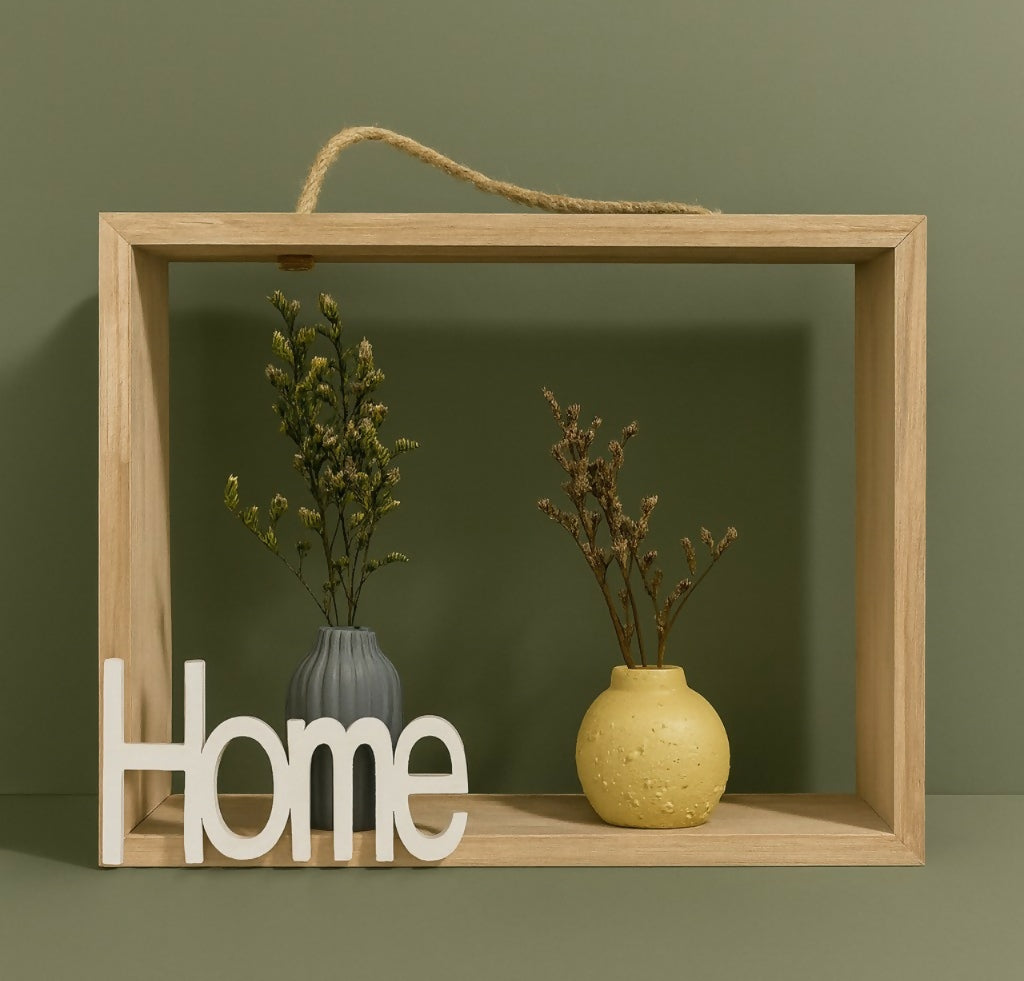 Rustic Wooden Frame Wall Shelf with Decorative Mini Vases and “Home” Sign – Vintage Style Tabletop & Wall Hanging Décor for Living Room, Bedroom, and Office