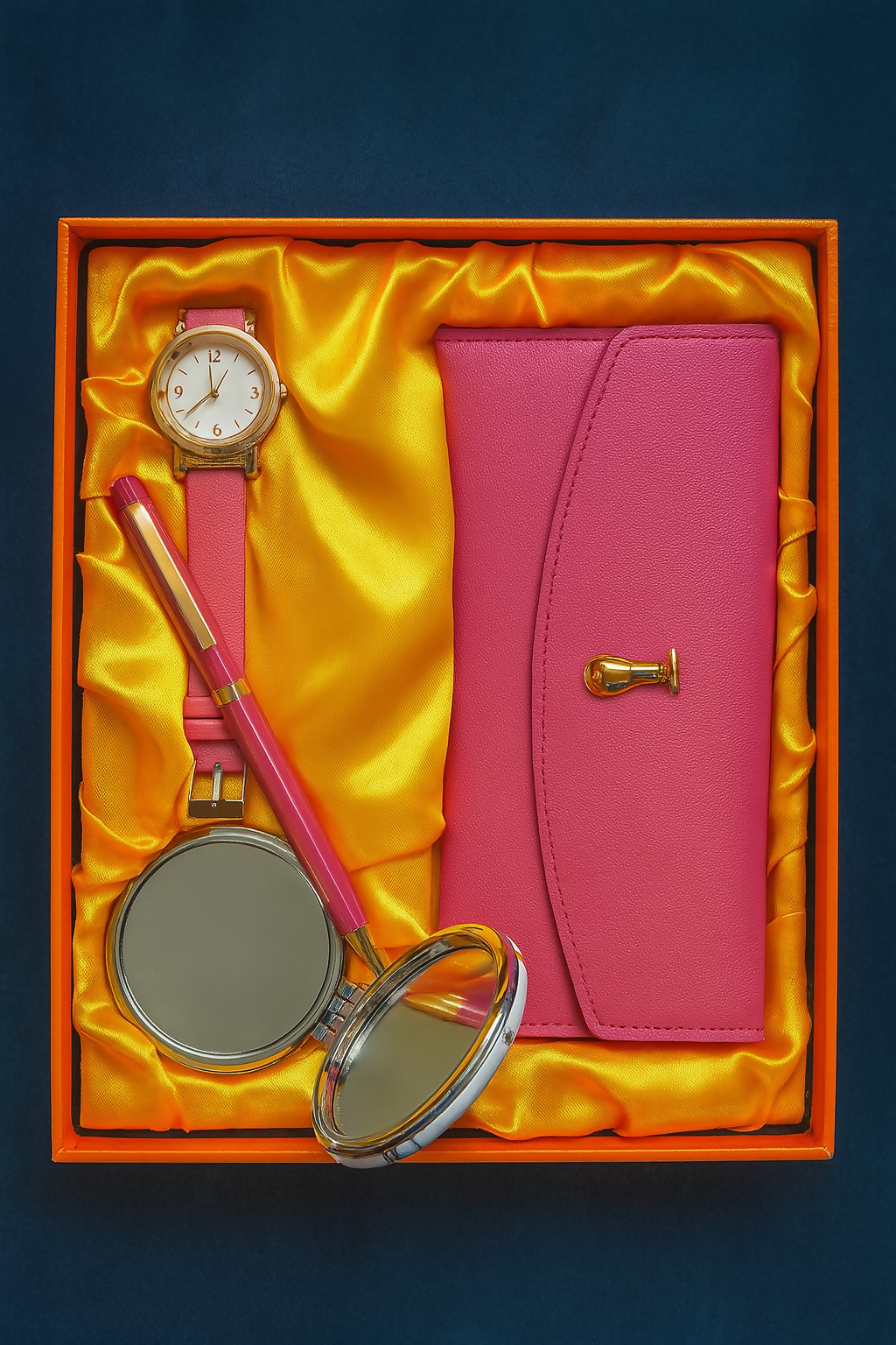Luxury Women’s Gift Set with Watch, Wallet, Pen, and Mirror – Stylish Pink Combo in Premium Orange Box for Birthday, Anniversary, Valentine’s Day, Festive Gifting