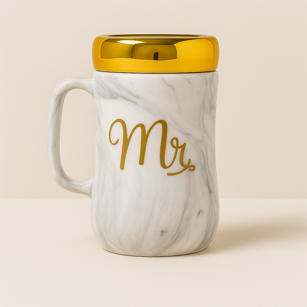Elegant Marble Ceramic Mug with Golden ‘Mr.’ Lettering and Metallic Gold Lid – Premium Gift Coffee Mug for Husband, Groom, Anniversary, or Valentine's Day