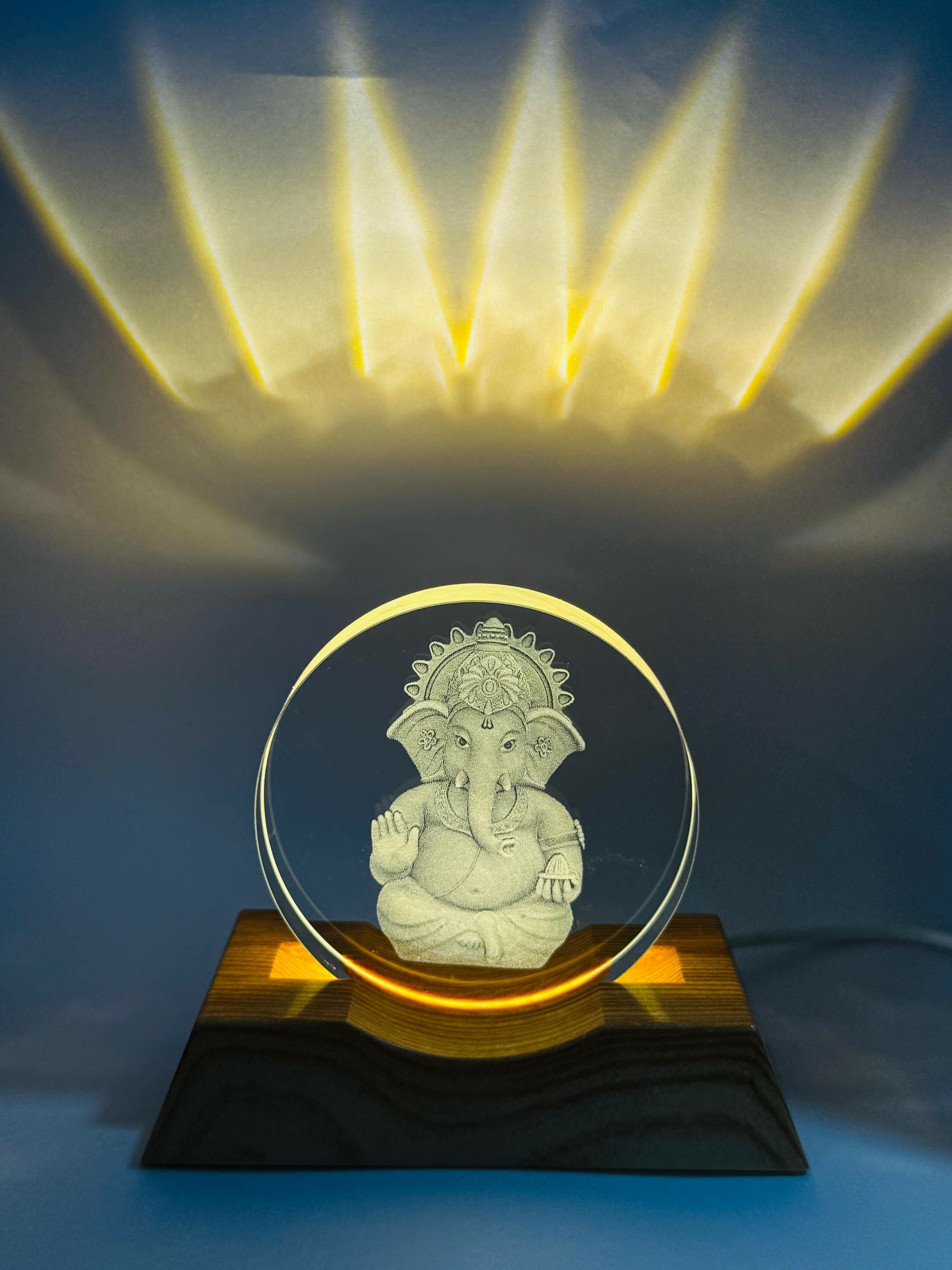 Lord Ganesha 3D LED Night Lamp with Wooden Base | Laser Engraved Acrylic Ganpati Light for Home Temple, Office, Festive Decor & Gifting | Spiritual Warm Glow Lamp for Bedroom & Living Room