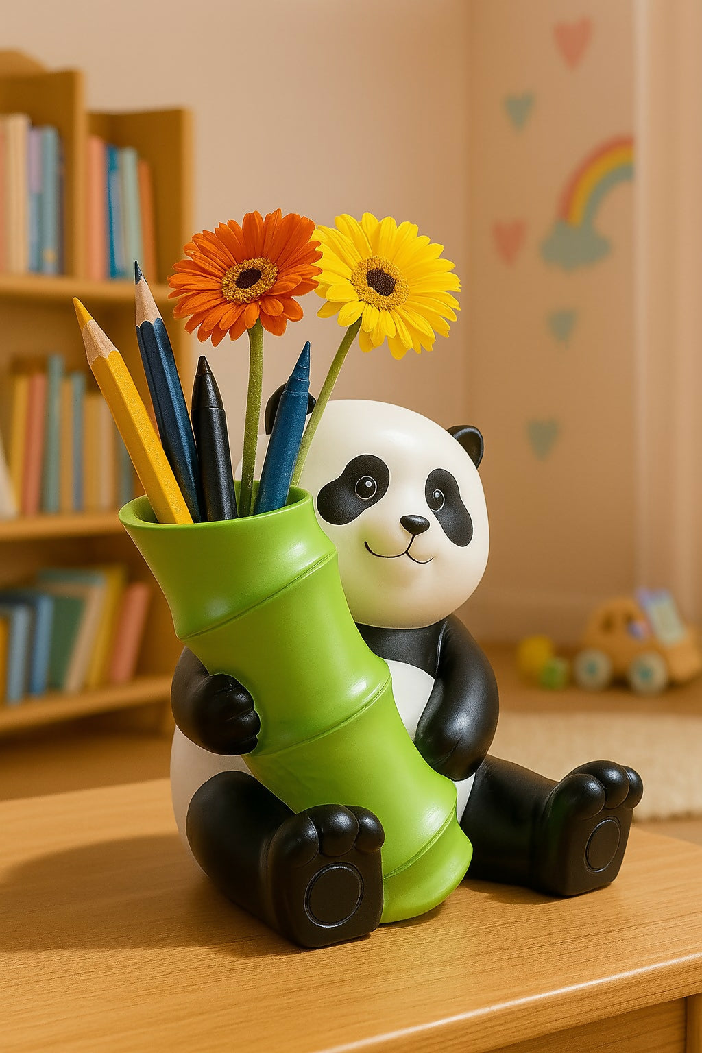 HOME DECOR Cute Panda Pencil Holder with Bamboo Design | Kids Desk Organizer for Stationery, Pens, Pencils | Cartoon Animal Pen Stand for Study Table, School, Office & Gifting