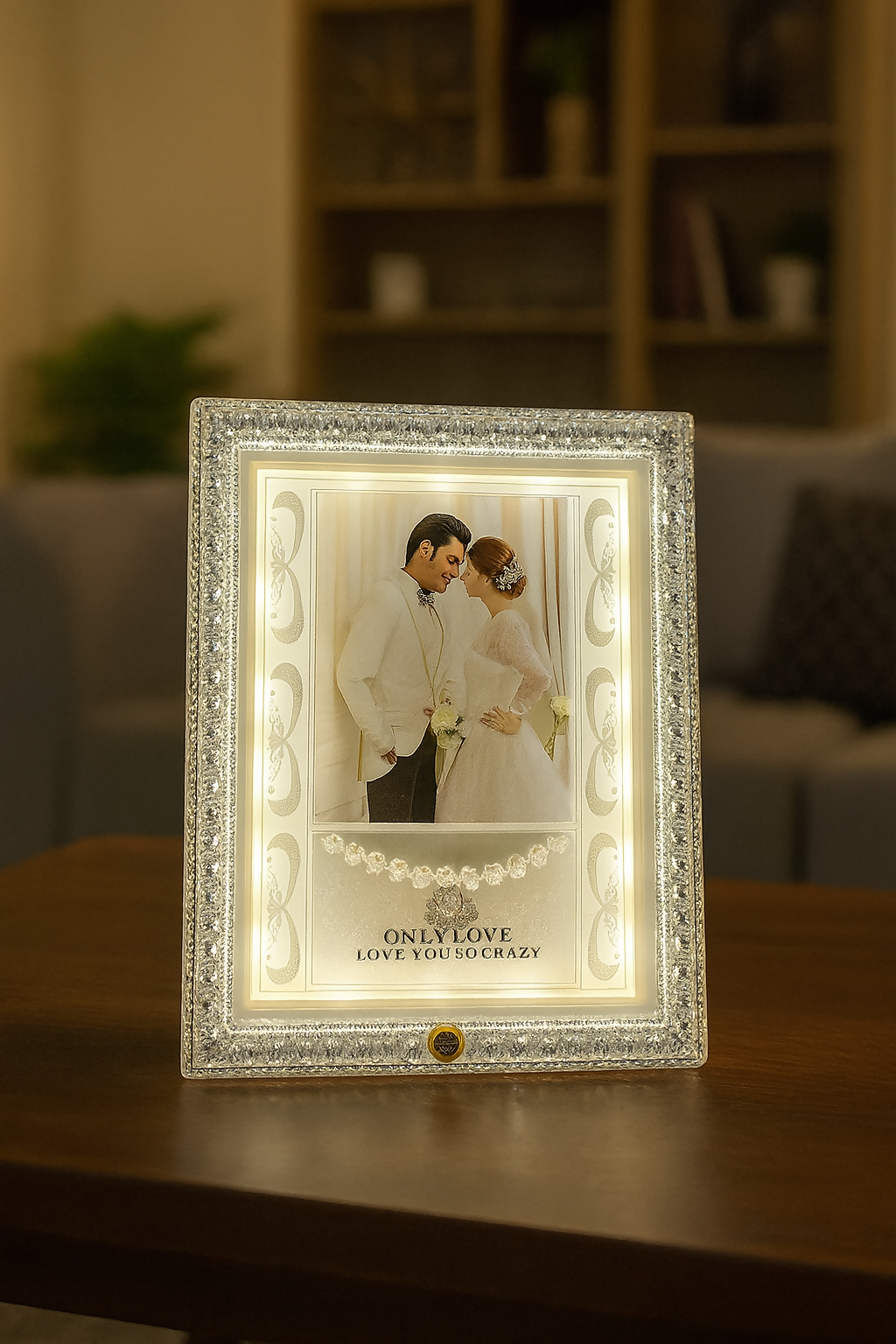 Square White Crystal LED Wedding Photo Frame | Elegant Illuminated Picture Frame with Sparkling Border | 4x6 Inch Couple Photo Frame | Romantic Gift for Wedding, Anniversary, Valentine’s Day & Home Décor