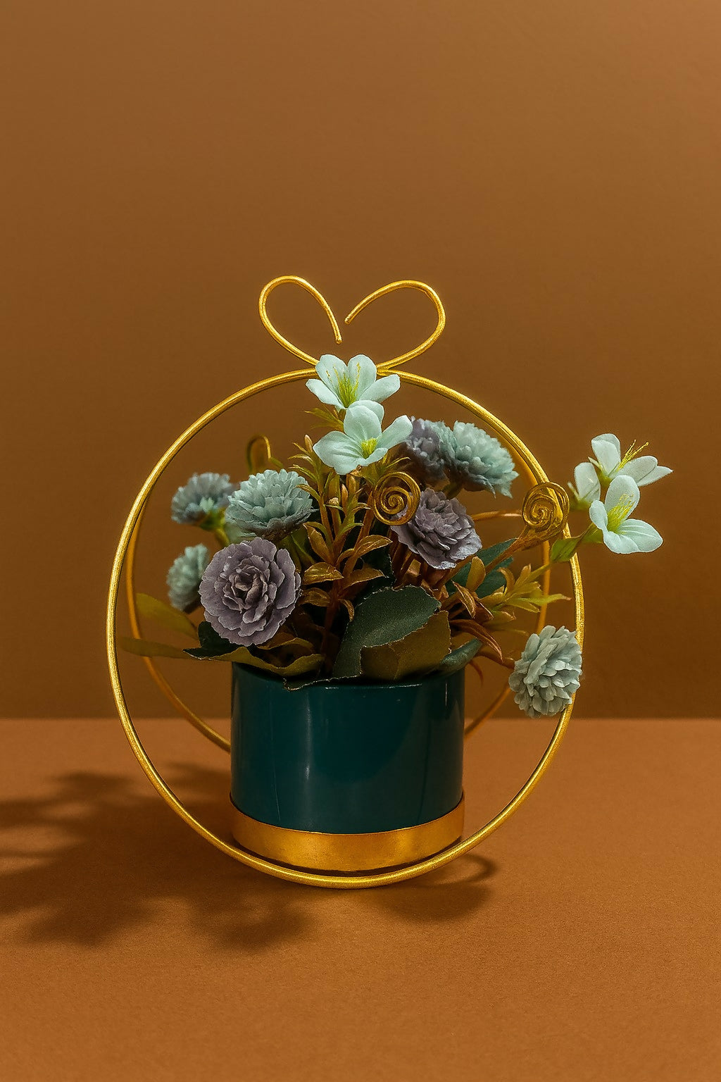 Golden Triangle Frame Flower Stand with Artificial Peach & Pink Blooms in Glossy Dark Green Pot – Elegant Tabletop Floral Arrangement for Home, Office & Gift Décor