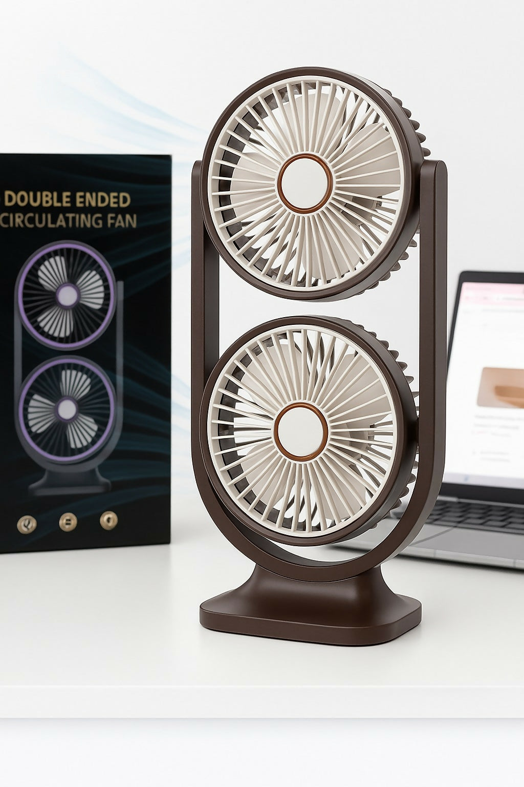 Double Ended Circulating Desk Fan – Dual Head Oscillating Table Fan with Powerful Airflow & Modern Design – USB Rechargeable Silent Fan for Home, Office, and Study Table – Brown & Beige Color Combo