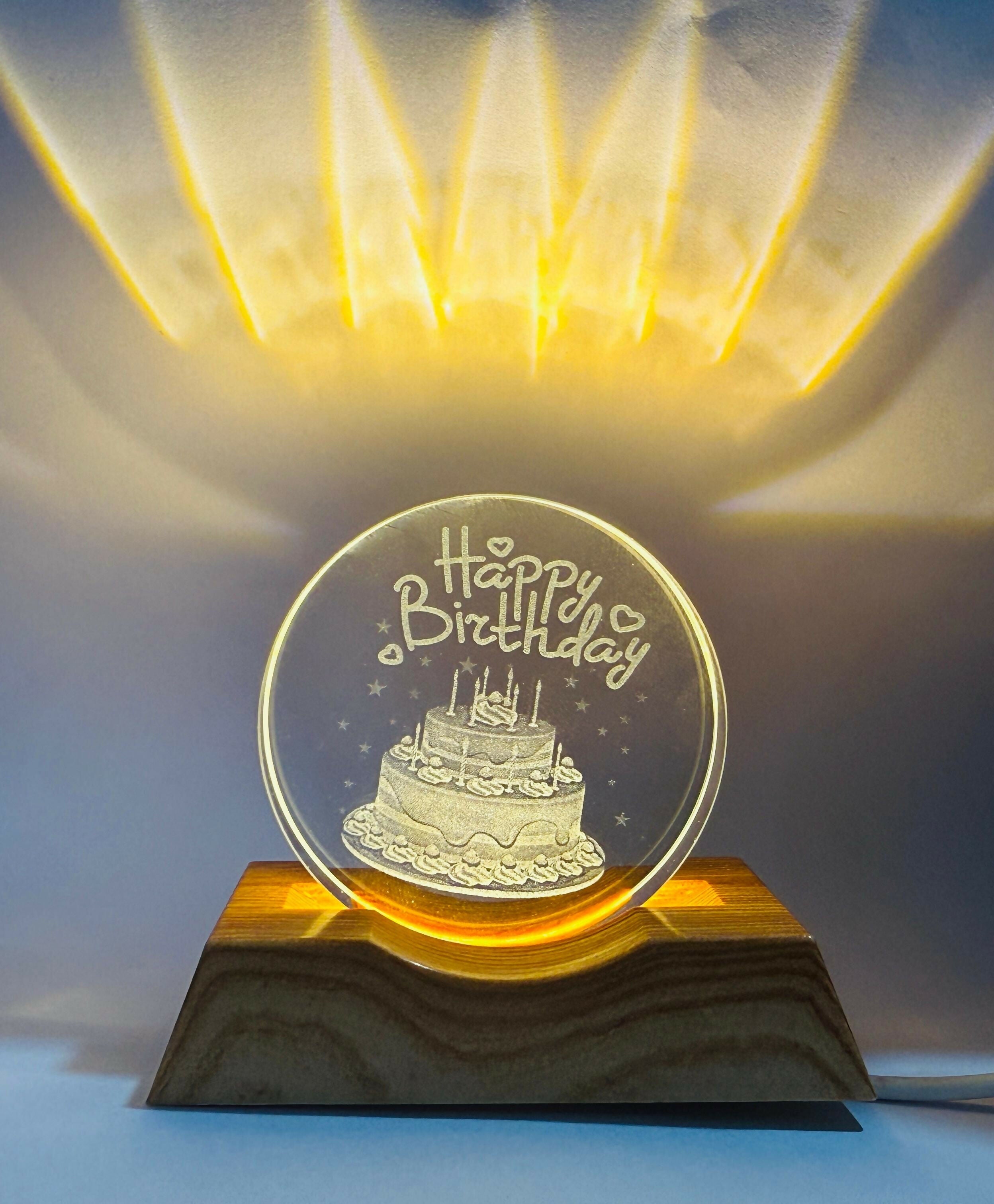 Happy Birthday 3D Acrylic LED Night Lamp with Wooden Base – Laser Engraved Birthday Cake Design | USB Powered Warm Light Table Decor | Unique Birthday Gift for Friends, Kids & Family