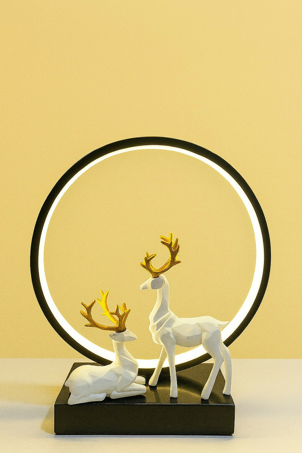 HOME DECOR Modern LED Ring Deer Figurine Showpiece – Elegant White Resin Deer Couple with Golden Antlers and Ambient Light – Designer Table Lamp Sculpture for Home Decor, Bedroom, Office & Gifting