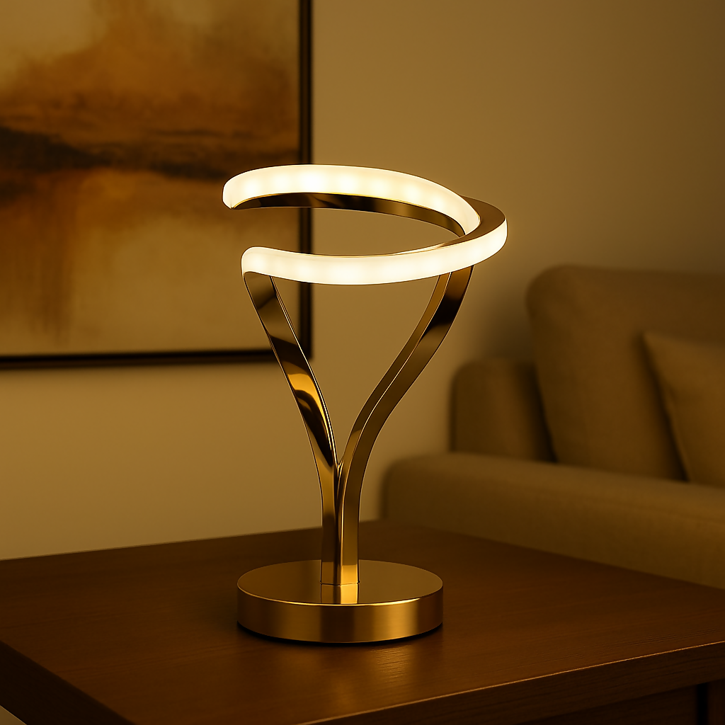 HOME DECOR Premium Golden LED Spiral Table Lamp for Living Room, Bedroom, Office – Modern Touch Control Ambient Light with Artistic Loop Design and Warm White Glow