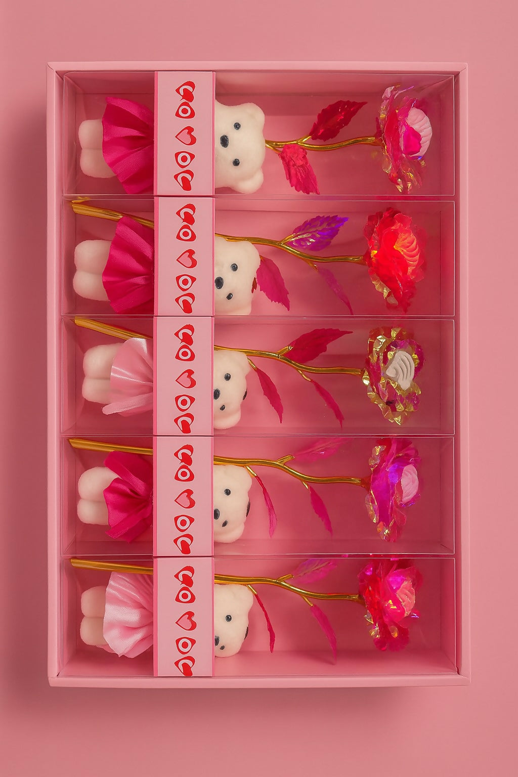 Set of 6 Cute Teddy Bear with Foil Rose Gift Combo – Multicolor Skirt Teddy & Golden Stem Artificial Rose in Gift Box – Valentine’s Day, Anniversary, Romantic Return Gift for Girls & Women