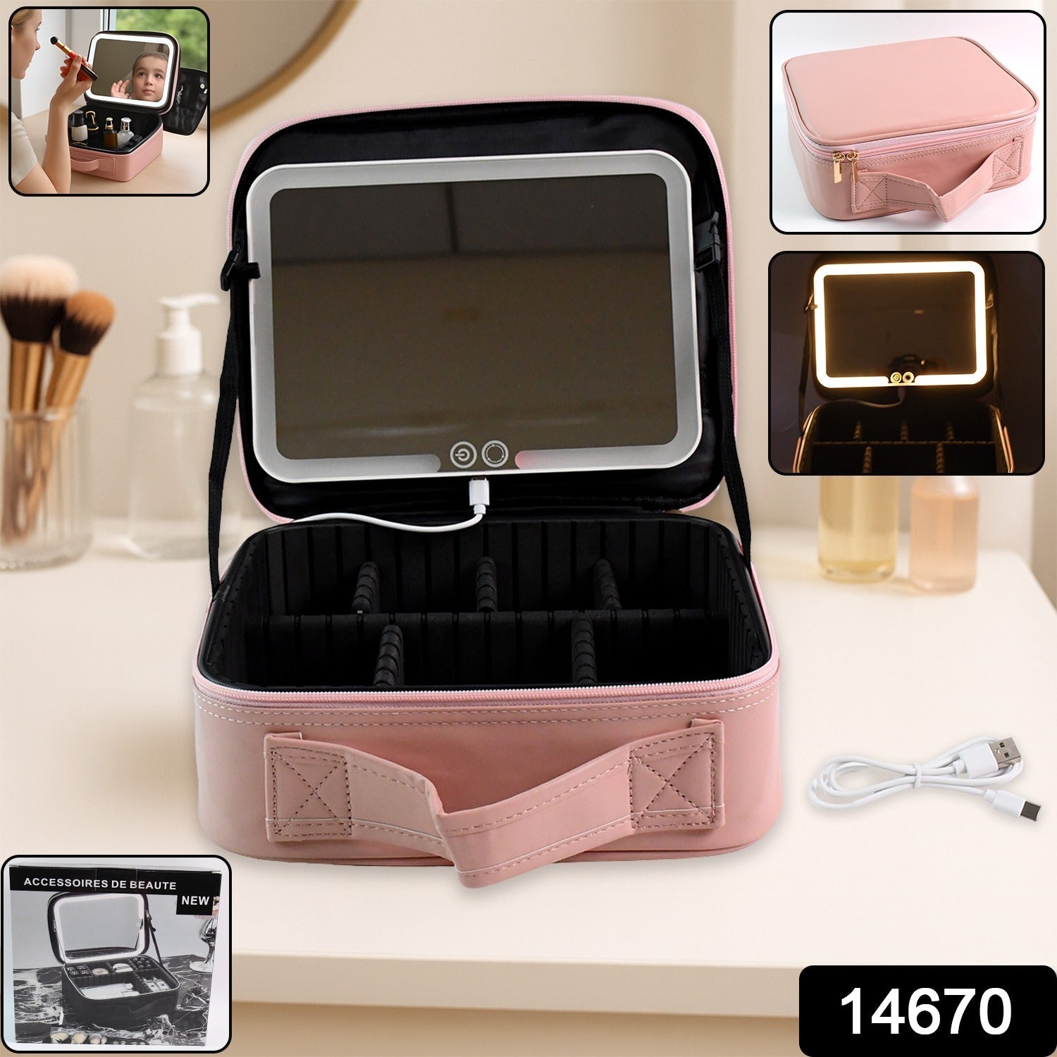 Pink Premium LED Light Makeup Organizer Box (1 Pc)