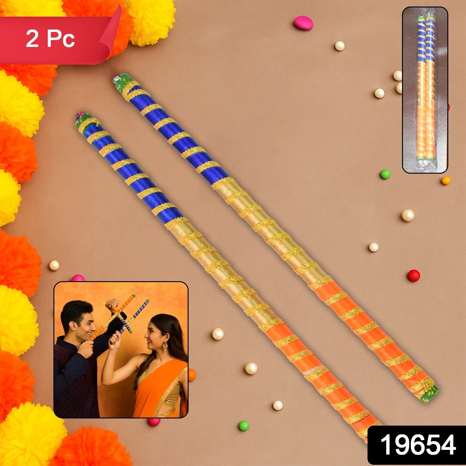 Traditional Decorative Dandiya Sticks Pair for Navratri, Garba (2 Pc)