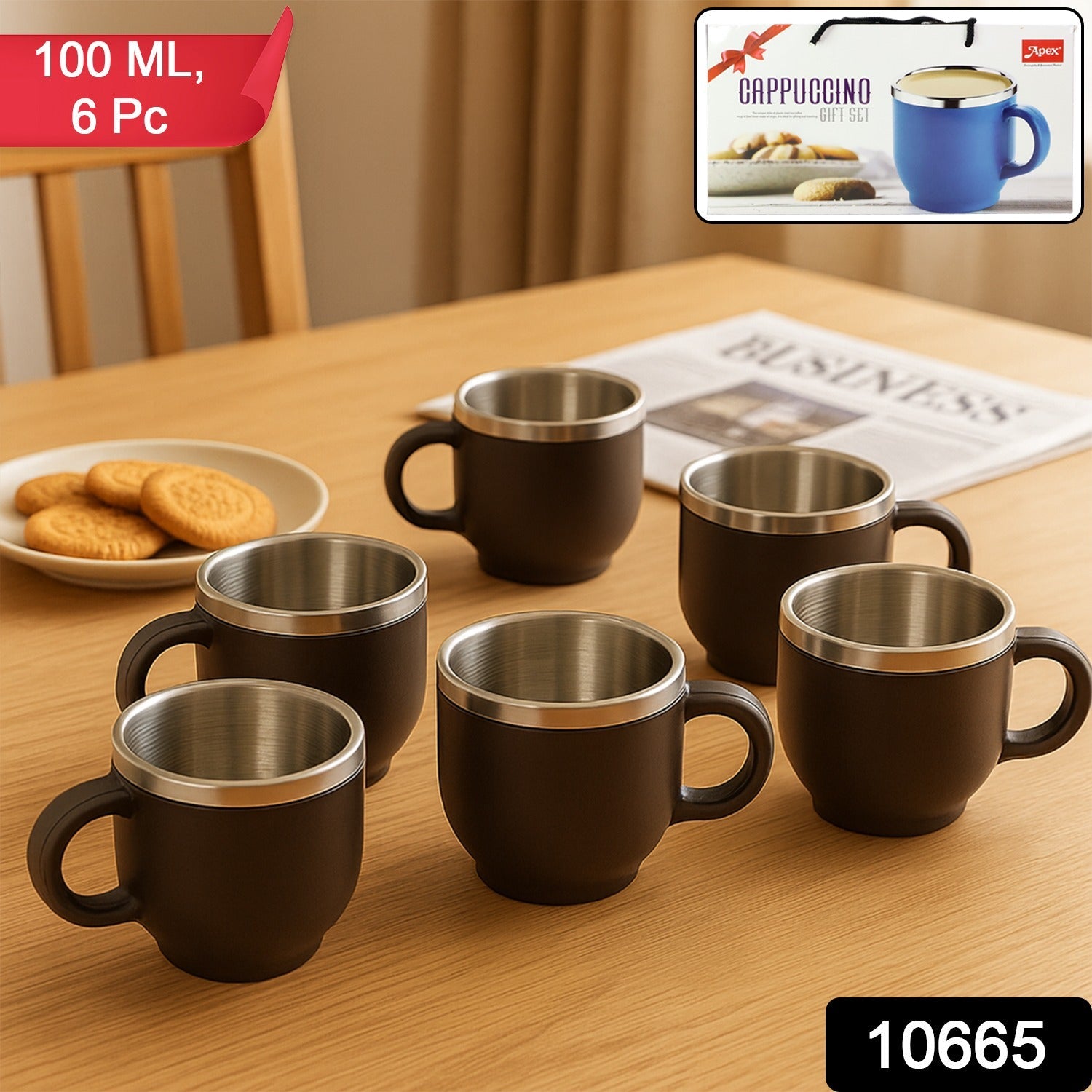 Apex Premium Double Wall Stainless Steel Cappuccino Mug Gift Set (6 Pc / 100 ML)