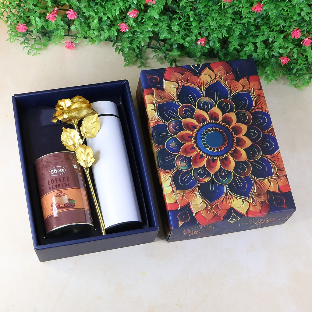 Effete Coffee Almonds Gift Hamper, Golden Rose With Bottle (3 Pc Set)