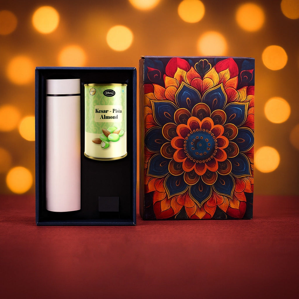 Effete Kesar Pista Almonds Gift Hamper, Golden With Bottle (2 Pc Set)