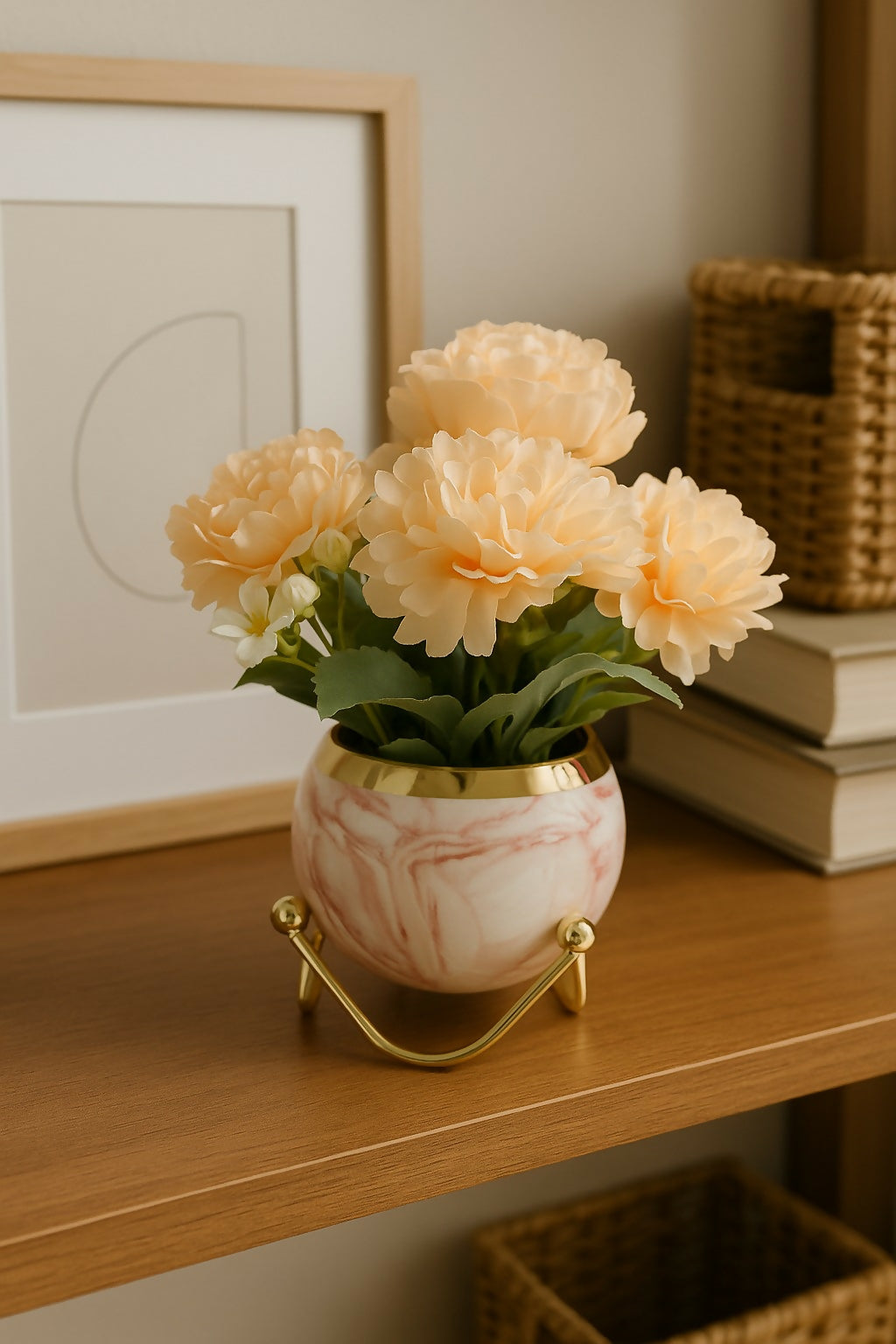 Luxury Artificial Peach Peony Flower Arrangement in White & Pink Marble Finish Ceramic Pot with Gold Rim and Stand – Elegant Table Centerpiece for Home, Office, and Gifting