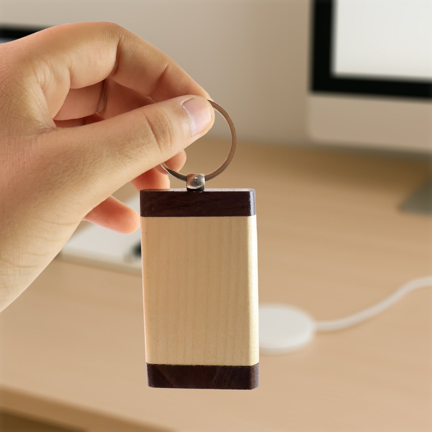 Premium Wooden Keychain with Dual Tone Finish (1 Pc)