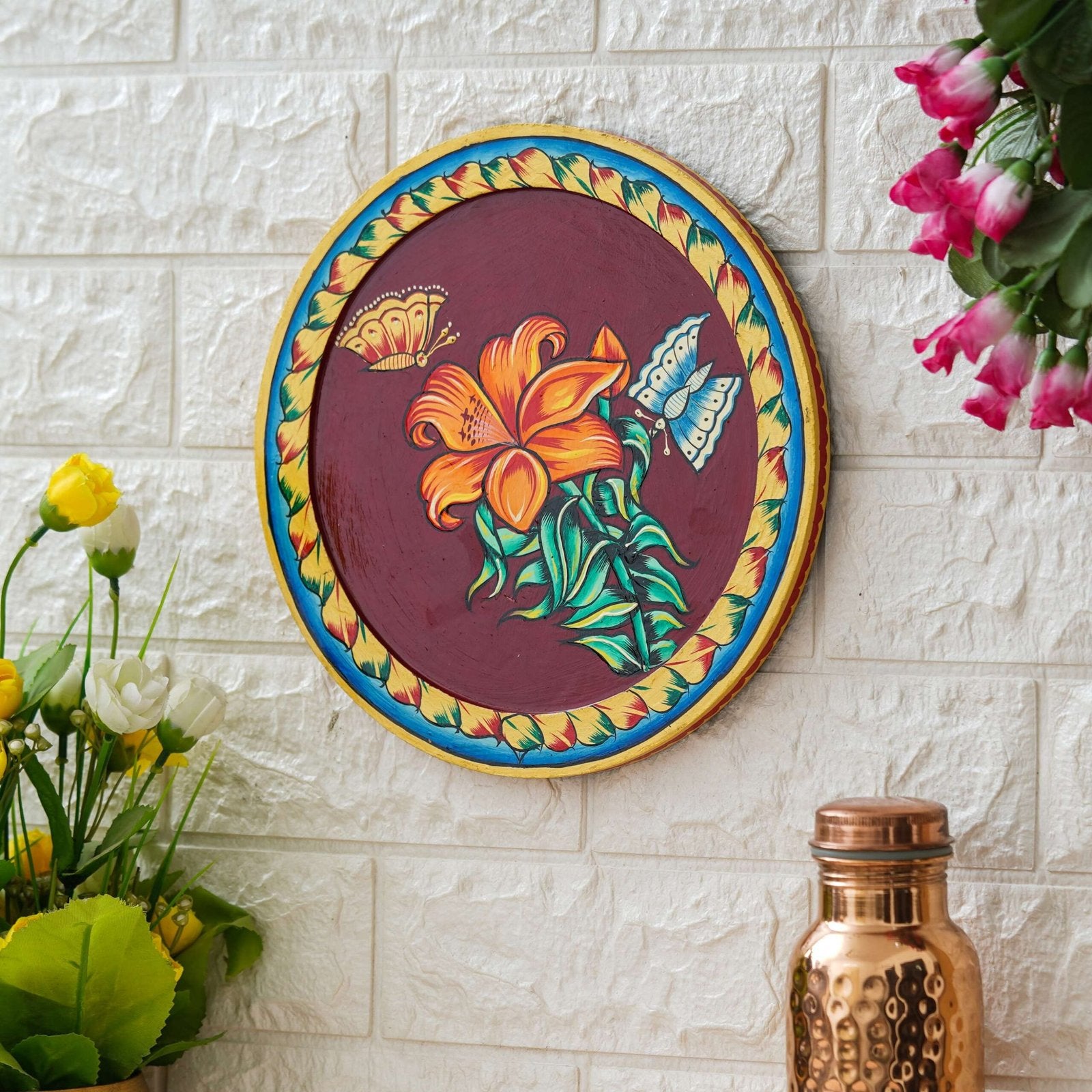 Decorative Red Plate with Butterfly and Flower Pichwai Painting