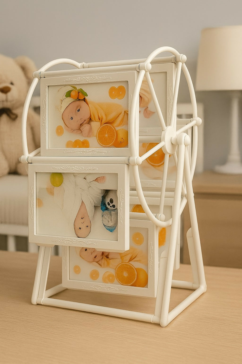 Vintage Ferris Wheel Style Rotating Baby Photo Frame – 6-Sided Carousel Design with Multiple Picture Slots – Unique Decorative Tabletop Frame for Kids’ Photos, Baby Shower Gift, Nursery or Bedroom Décor