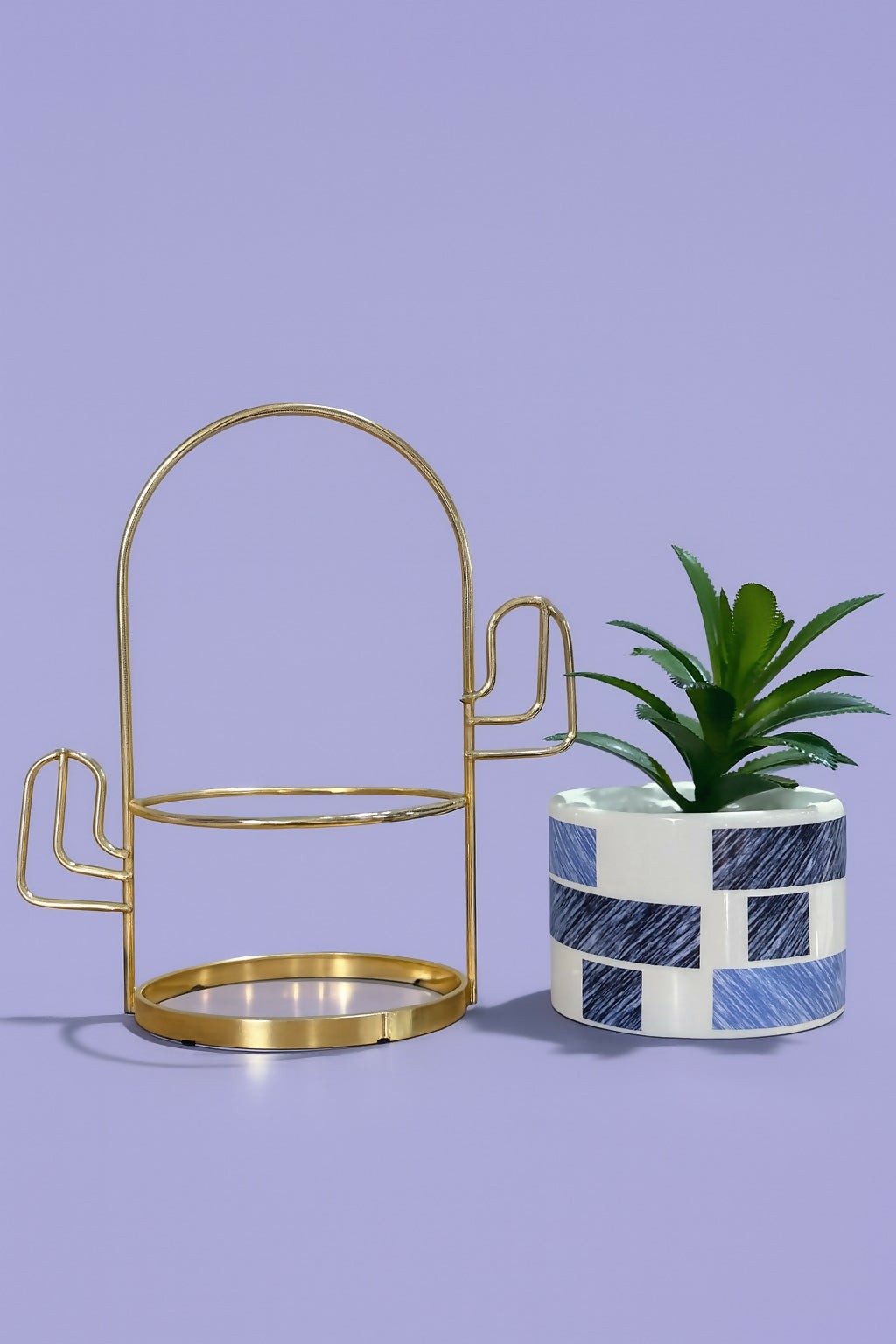 Modern Geometric Ceramic Planter with Artificial Aloe Vera Plant and Gold Metal Stand – Decorative Indoor Pot for Home, Office, and Gift Use