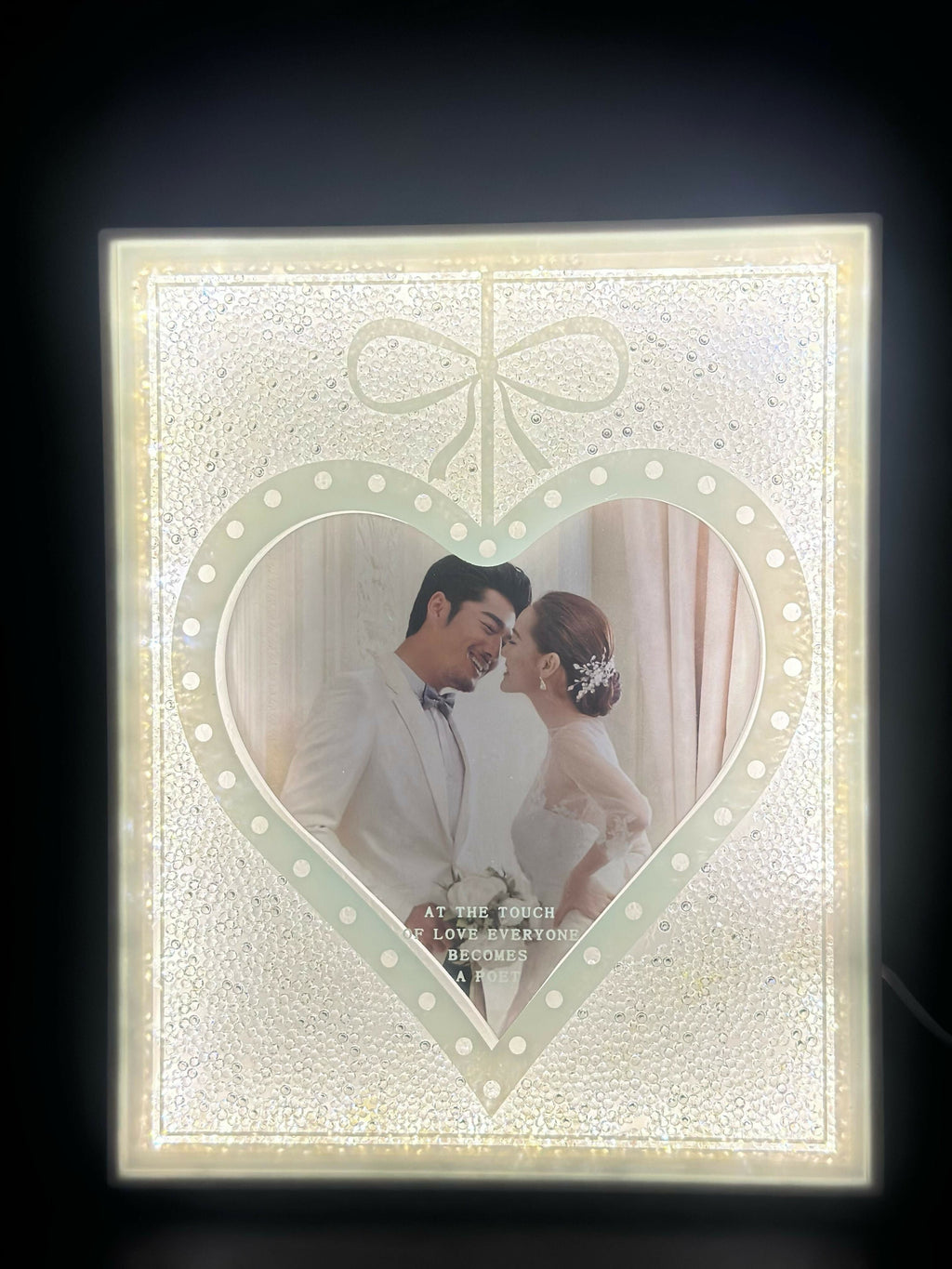 Personalized LED Photo Frame with Heart Design and Sparkling Crystal Border – Romantic Light-Up Table Frame for Couples with Quote 'At the Touch of Love Everyone Becomes a Poet' – Perfect Gift for Weddings, Anniversaries & Valentine's Day