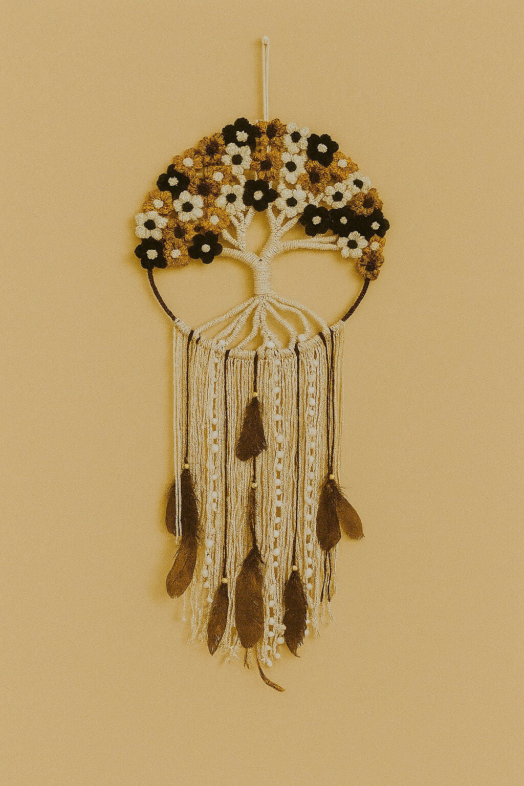 HOME DECOR Handmade Macrame Tree of Life Dreamcatcher Wall Hanging – Cotton Yarn Floral Boho Decor with Feathers and Tassels for Living Room, Bedroom, Balcony & Gifting