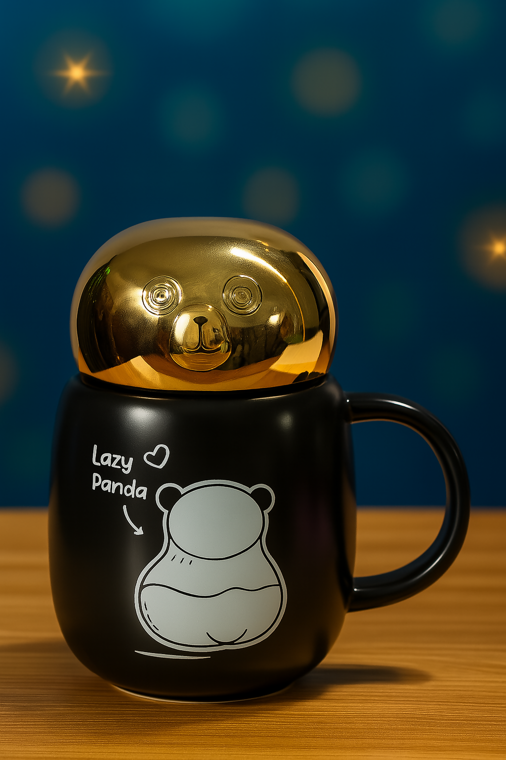 Hello Panda Black Ceramic Coffee Mug with Golden Smiley Lid