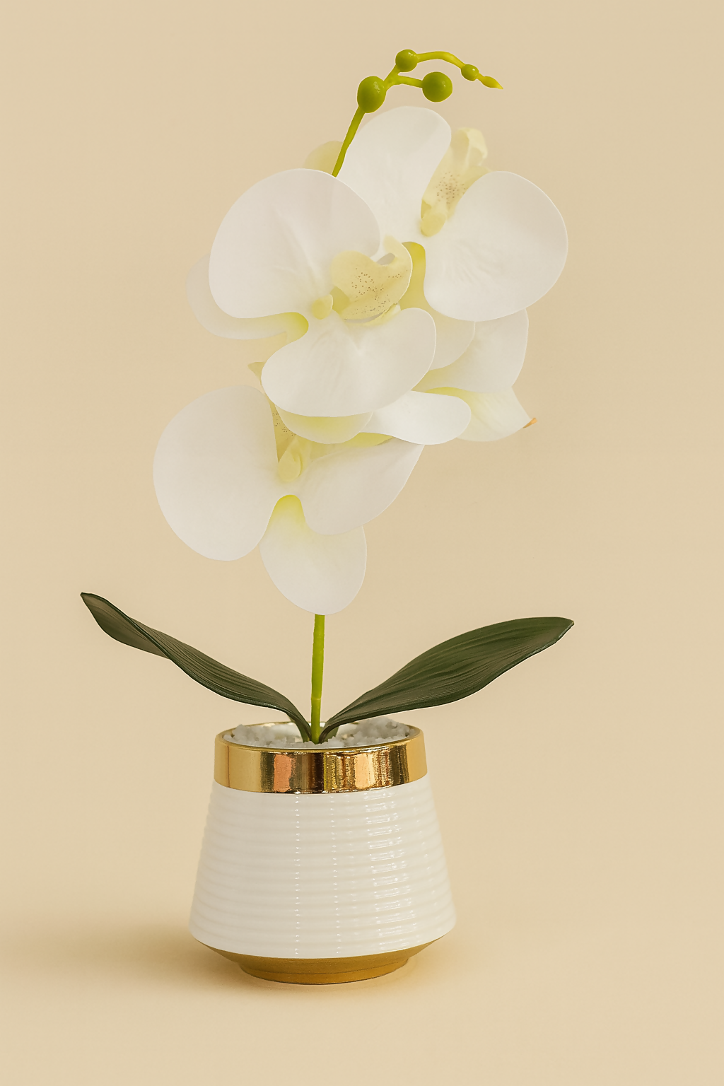 Elegant Artificial White Orchid Flower Plant with Ceramic Pot – Faux Orchid Arrangement with White Pebbles for Home, Office, Living Room, Tabletop & Gifting