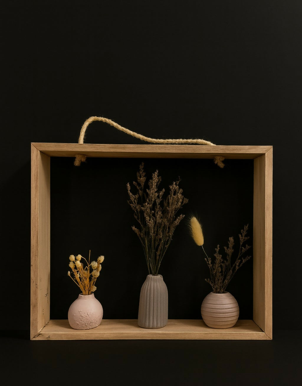 Elegant Minimalist Wooden Frame with Three Ceramic Vases and Dried Flower Arrangement – Rustic Boho Home Décor Accent for Living Room, Bedroom, Office, or Gift – Nordic Style Tabletop and Wall Display Decoration