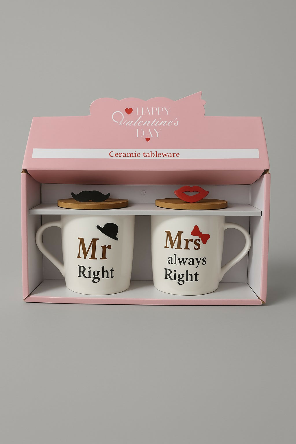 Couple Ceramic Coffee Mug Set with Wooden Lids & 3D Designs – Mr. Right & Mrs. Always Right Funny Printed Cups with Mustache & Lips Toppers – Gift Set for Husband Wife, Anniversary, Wedding, Valentine, Birthday (2 Pieces, White & Gold)
