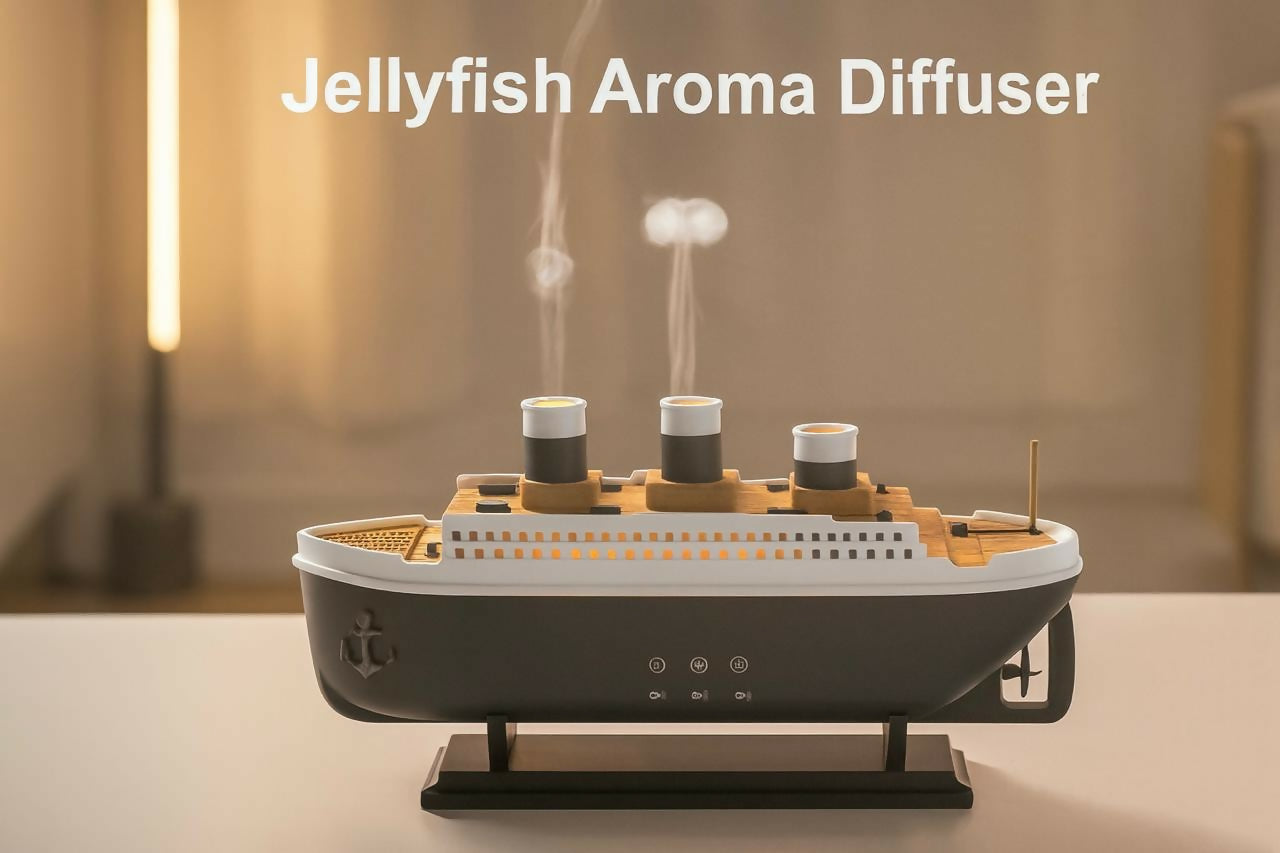Luxury Titanic-Inspired Jellyfish Aroma Diffuser with Colorful Gradient Ambient LED Lights, Ultrasonic Essential Oil Humidifier, 3 Smokestack Mist Outlets – Ship Design Home Decor and Aromatherapy Machine