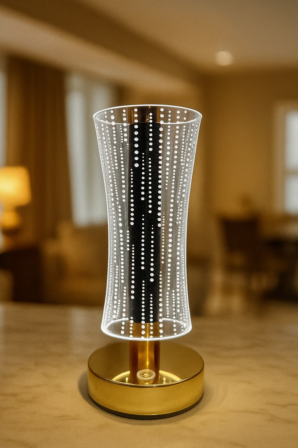 Modern 3D Acrylic LED Table Lamp with Gold Base – Elegant Hourglass Design, Touch Control Ambient Night Light for Bedroom, Living Room, or Office Décor – Soft Warm Glow Decorative Gift for Home
