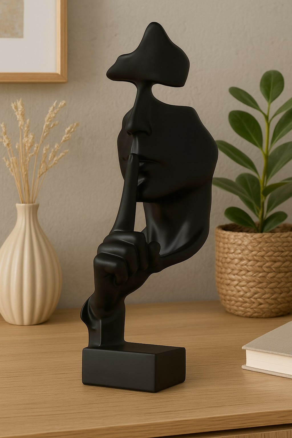 HOME DECOR Modern Black "Silence Face" Sculpture Showpiece | Abstract Polyresin Decorative Statue for Home, Office, Living Room, Study Table & Artistic Gifting