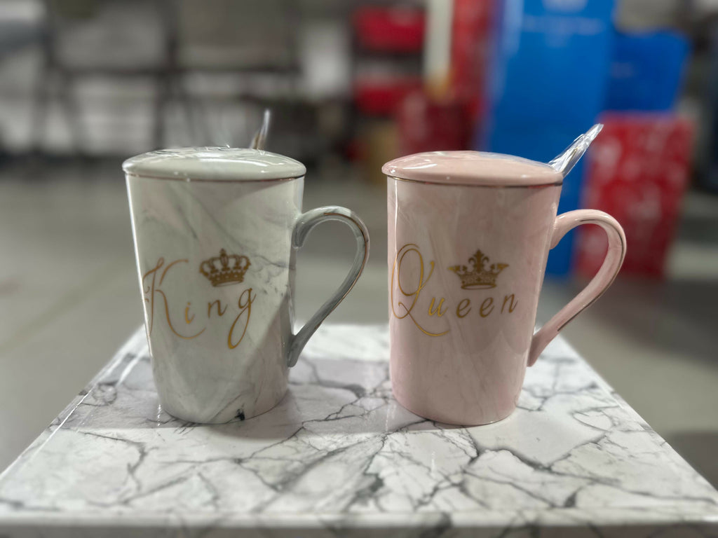 King & Queen Coffee Mug Set with Lids & Spoons | Marble Ceramic Cups for Couples | Luxury Gold Crown Print Tea & Coffee Mug Gift Set for Anniversary, Wedding, Valentine’s Day, Husband & Wife