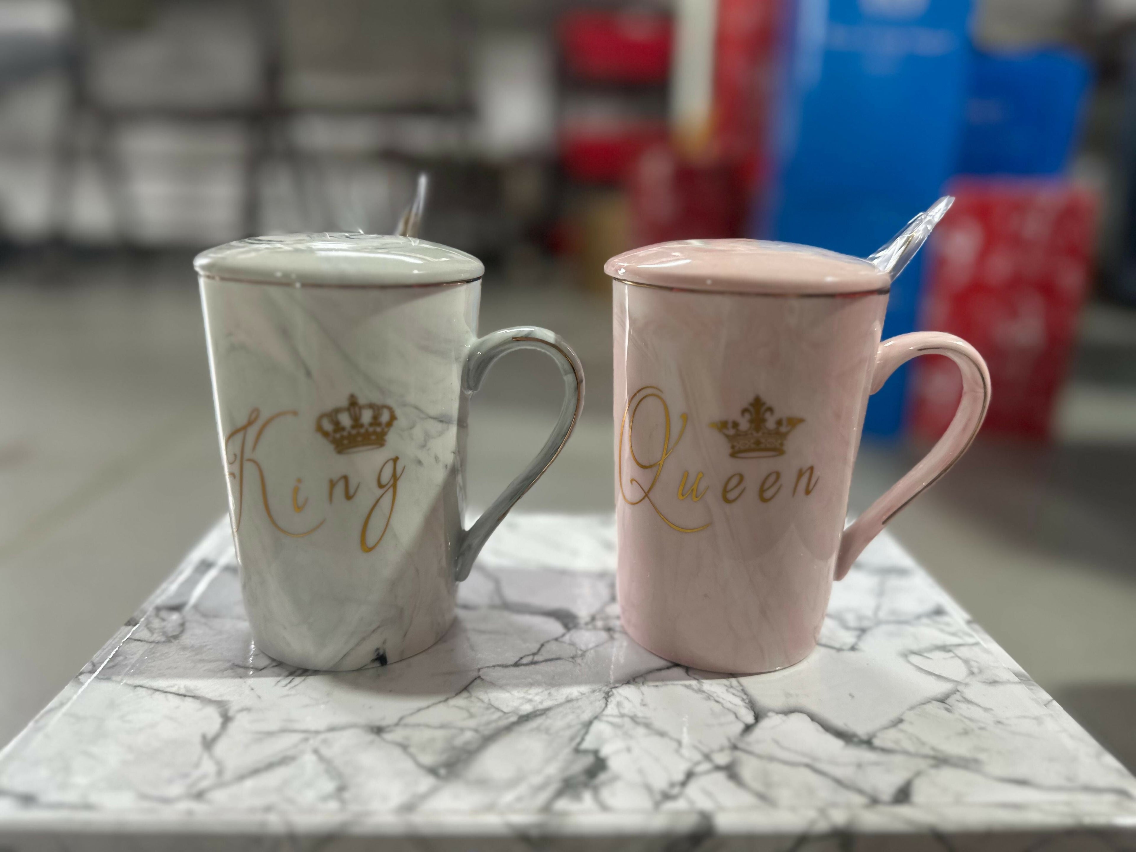 King & Queen Coffee Mug Set with Lids & Spoons | Marble Ceramic Cups for Couples | Luxury Gold Crown Print Tea & Coffee Mug Gift Set for Anniversary, Wedding, Valentine’s Day, Husband & Wife