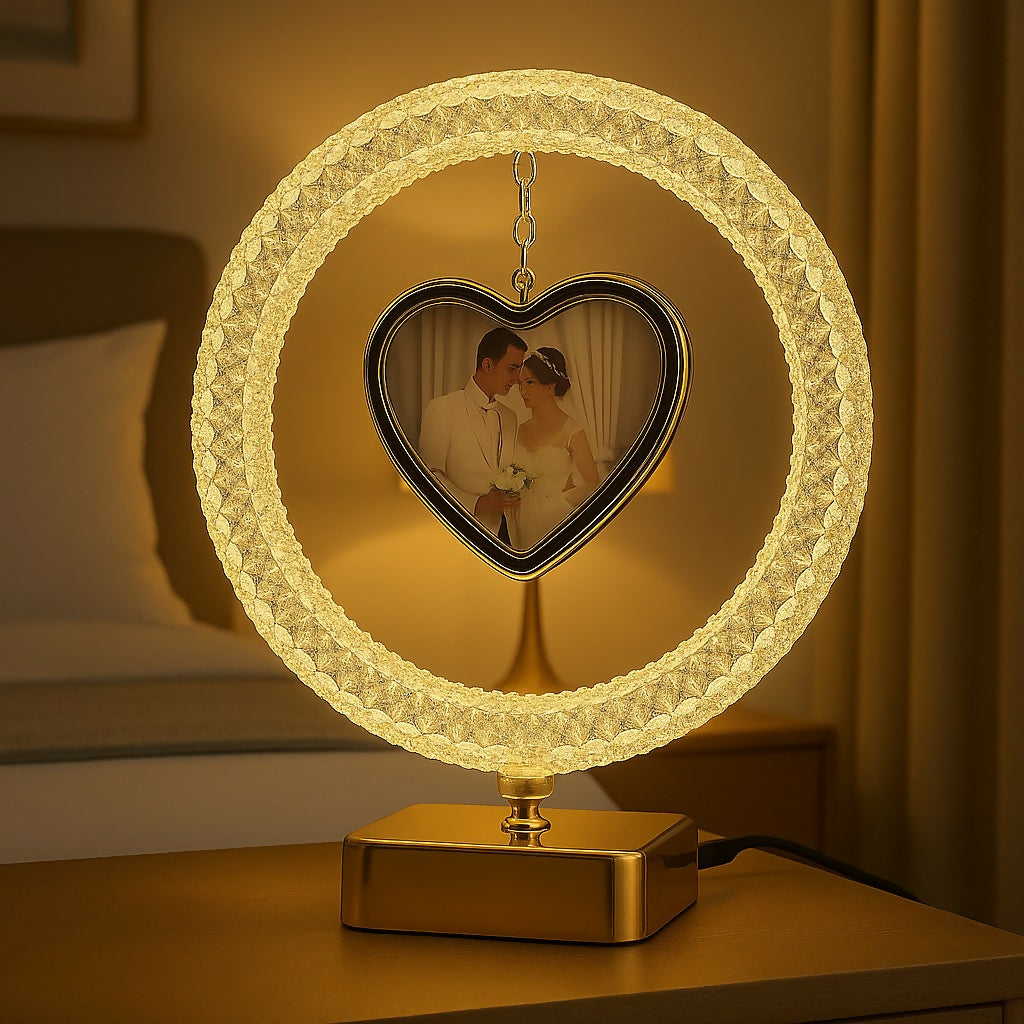 Golden Ring LED Heart-Shaped Hanging Photo Frame – Romantic Decorative Tabletop Picture Display with Warm Light – Wedding Anniversary Gift, Couple Photo Stand for Bedroom & Home Decor
