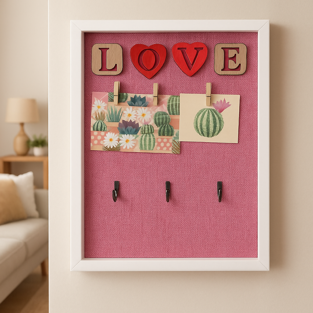 LOVE-Themed Decorative Photo Clip Board with Hooks – Pink Fabric Pinboard with Heart Letters, Wooden Frame, and Hanging Pegs – Wall Mounted Organizer for Notes, Photos, and Keys – Cute Home or Gift Décor