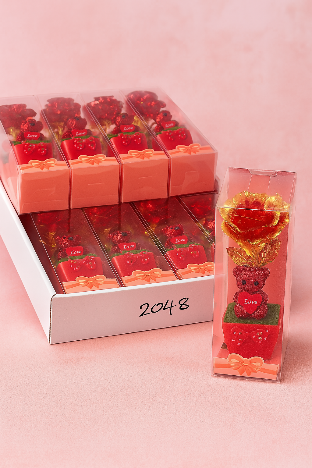 Set of 10 Decorative Golden Rose with Teddy Bear in Gift Box – Valentine’s Day, Anniversary, Romantic Return Gift – Cute Glitter Love Showpiece for Table & Shelf Décor