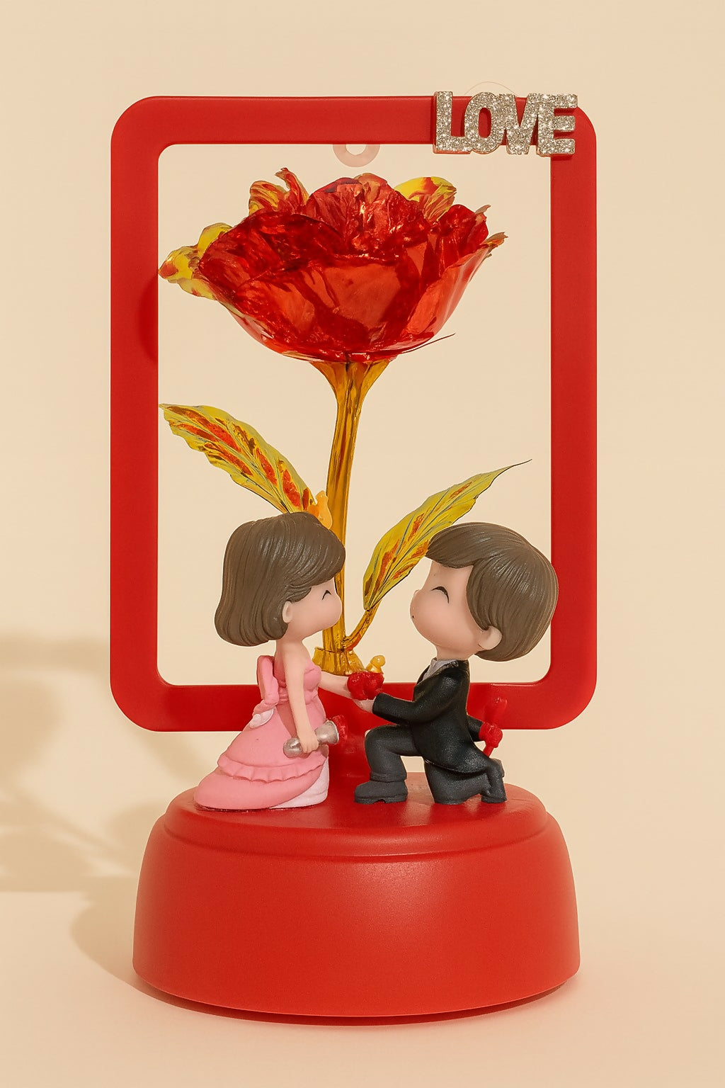 LED Romantic Couple Showpiece with Golden Rose & Glowing Frame – Valentine Gift, Anniversary Decor & Night Light for Bedroom