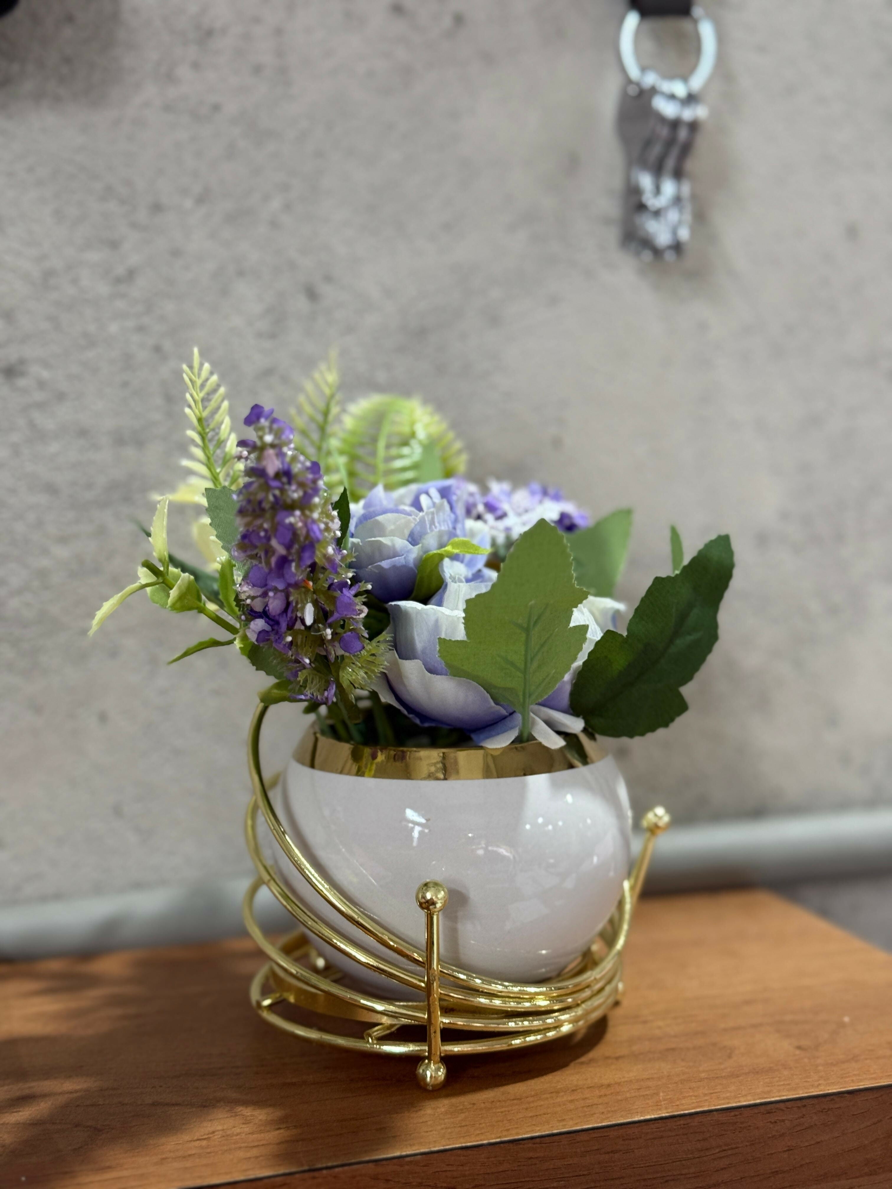 Luxury Artificial Blue & Purple Flower Arrangement in White Ceramic Pot with Spiral Golden Metal Stand – Decorative Faux Floral Centerpiece for Home, Office, Tabletop & Gifting