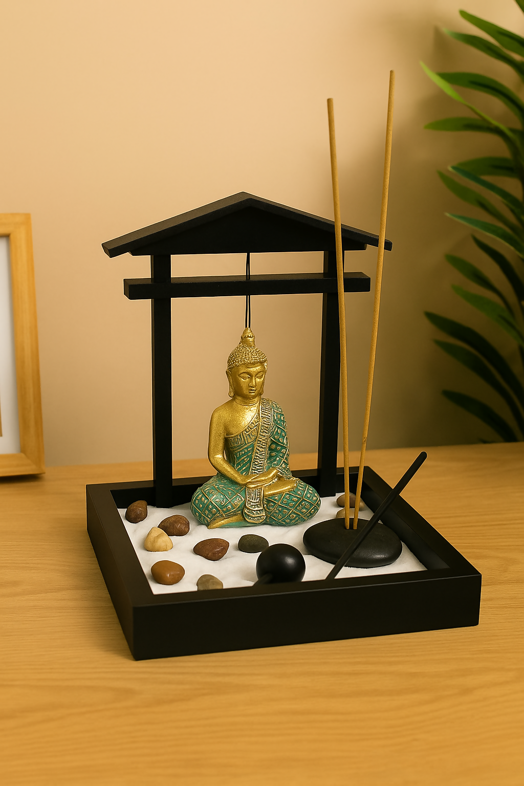 Zen Buddha Tabletop Meditation Set with Incense Holder – Miniature Sand Garden with Statue, Rocks & Tray – Home & Office Spiritual Decor