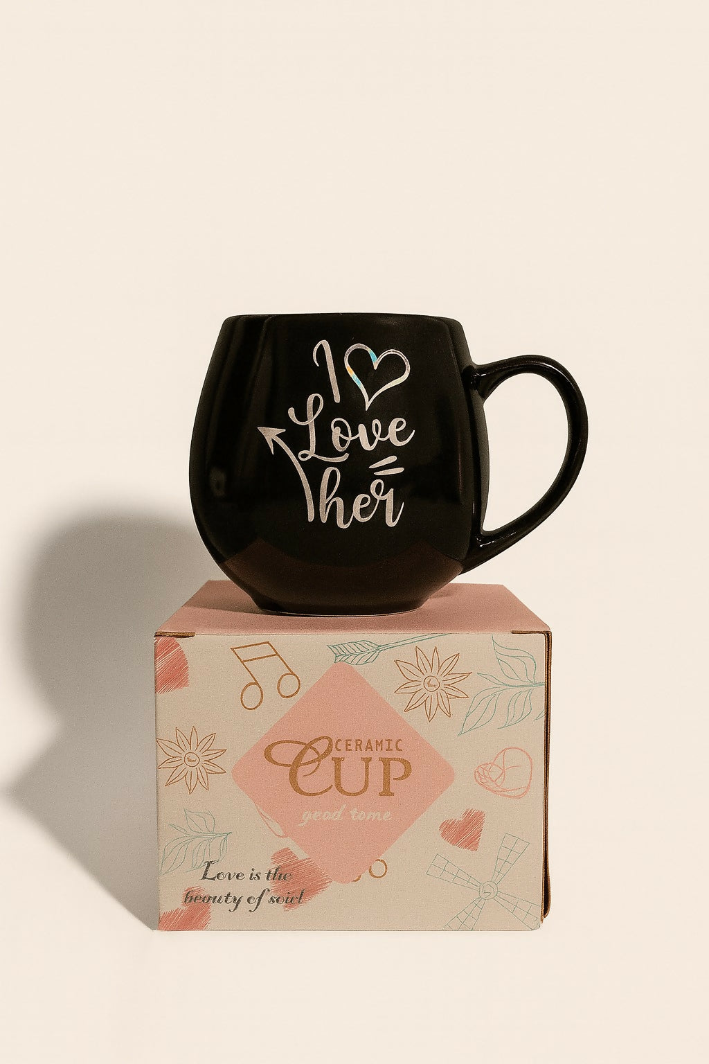 “I Love Her” Black Ceramic Coffee Mug with Handle – Romantic Gift Cup for Girlfriend, Wife, Anniversary, Valentine’s Day, Birthday & Special Occasions – Printed Tea & Coffee Cup for Her