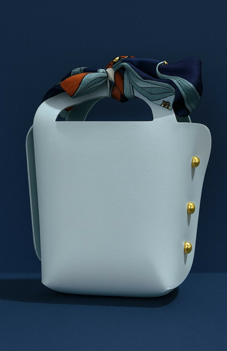 Elegant Light Blue PU Leather Mini Gift Pouch with Printed Navy Bow & Gold Rivets | Small Party Favor Bag, Jewelry/Candy Storage Box for Women & Girls