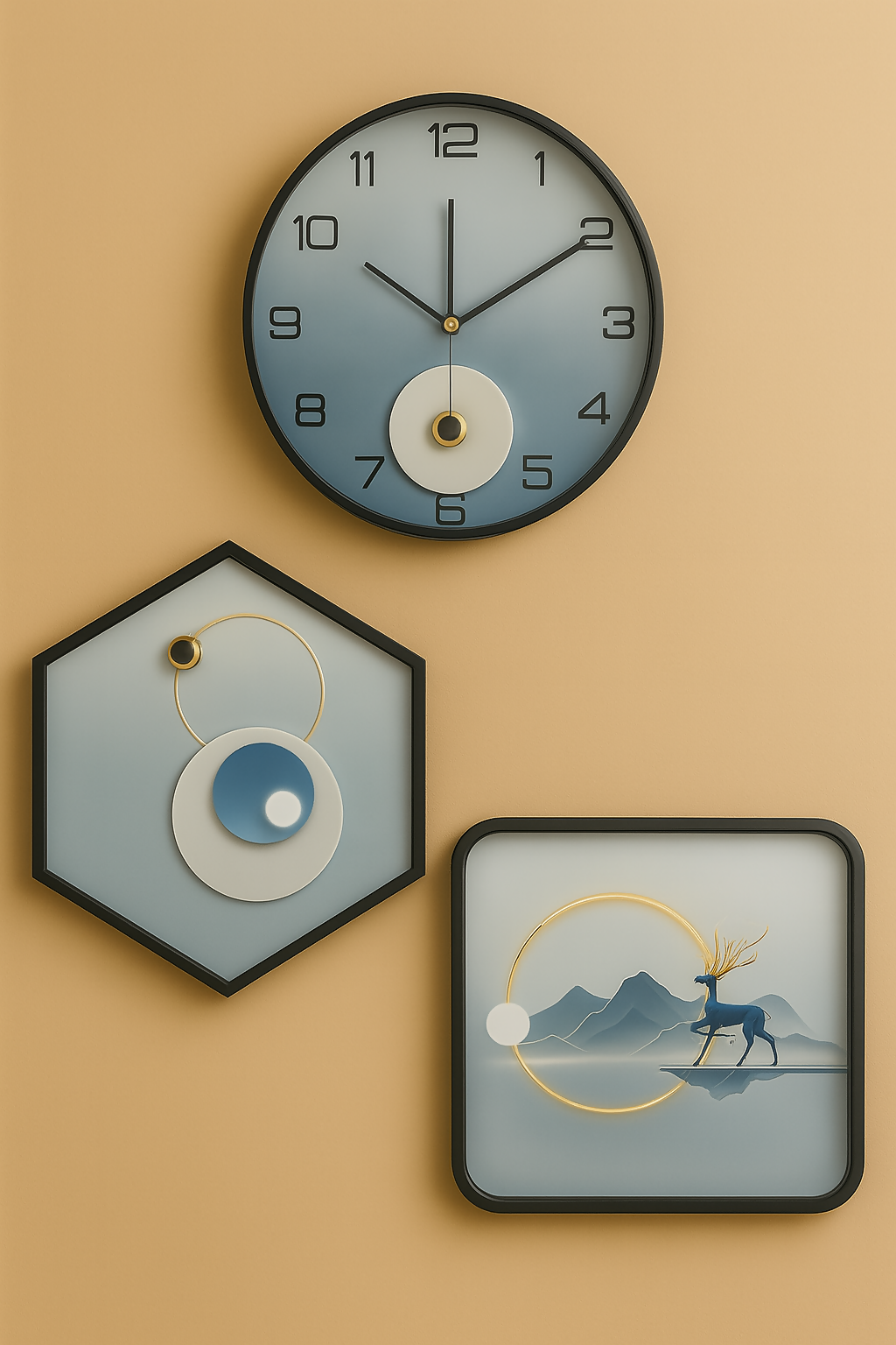HOME DECOR Modern Abstract 3-Piece Wall Decor Set with Silent Round Clock | Minimalist Blue & Gold Art Panels Featuring Geometric and Nature Designs – Ideal for Living Room, Office, Bedroom, or Home Interior Decoration