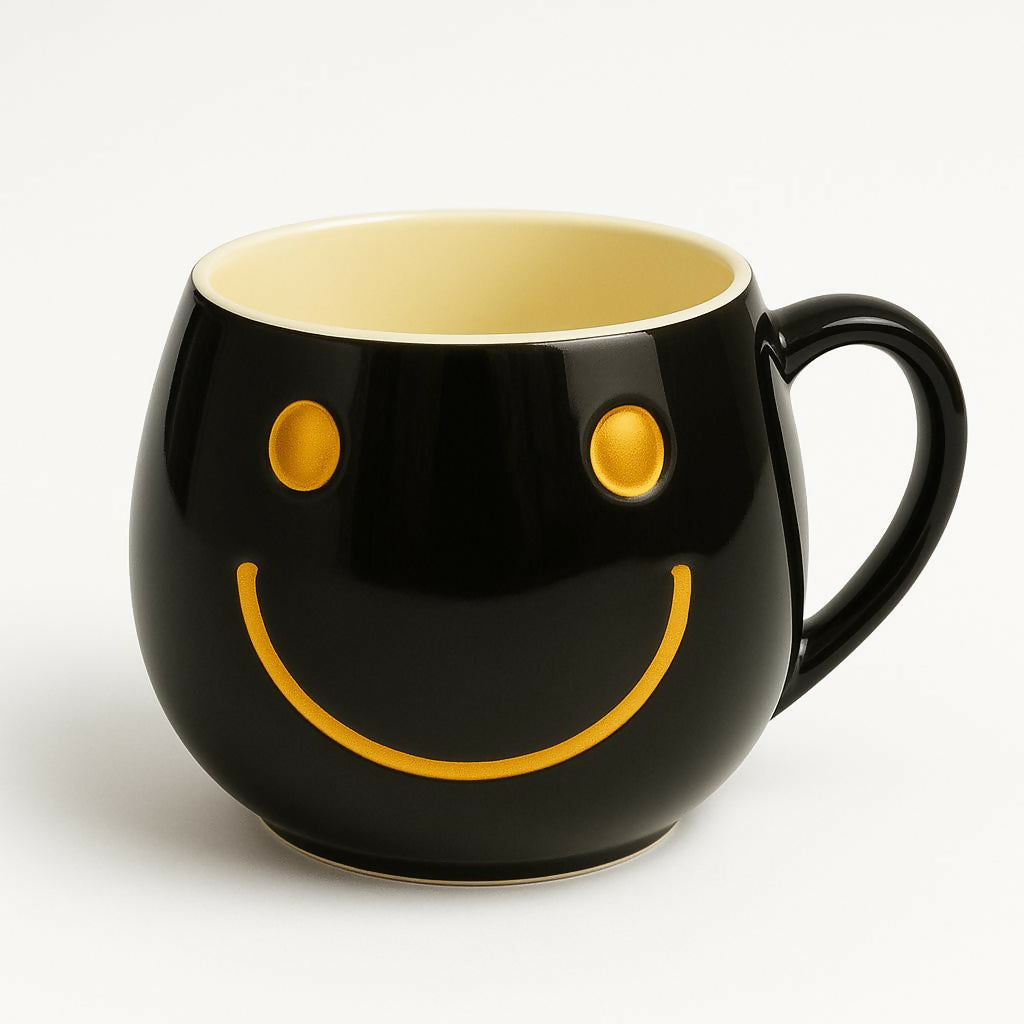 GlowSmile Ceramic Mug – Black & Gold Smiley Face Coffee Cup
