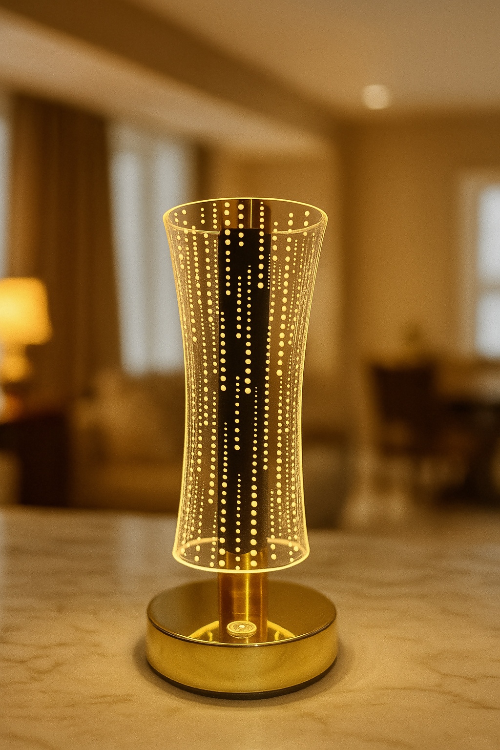 Modern 3D Acrylic LED Table Lamp with Gold Base – Elegant Hourglass Design, Touch Control Ambient Night Light for Bedroom, Living Room, or Office Décor – Soft Warm Glow Decorative Gift for Home