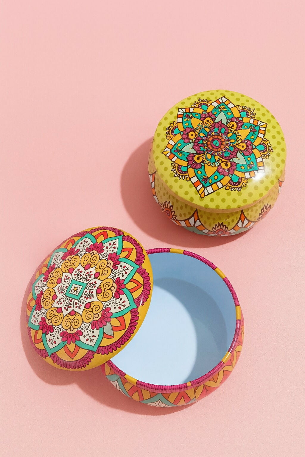 Set of 6 Round Decorative Metal Storage Tins with Multicolor Boho Mandala Prints – Reusable Small Gift Boxes for Jewelry, Candies, Spices, and Party Favors – Vintage Ethnic Print Tin Containers