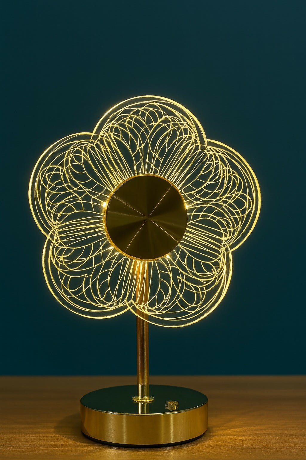 HOME DECOR Modern LED Flower Table Lamp in Golden Finish – Acrylic Optical Illusion Night Light with Touch Button Base – Aesthetic Bedroom, Living Room, or Desk Décor