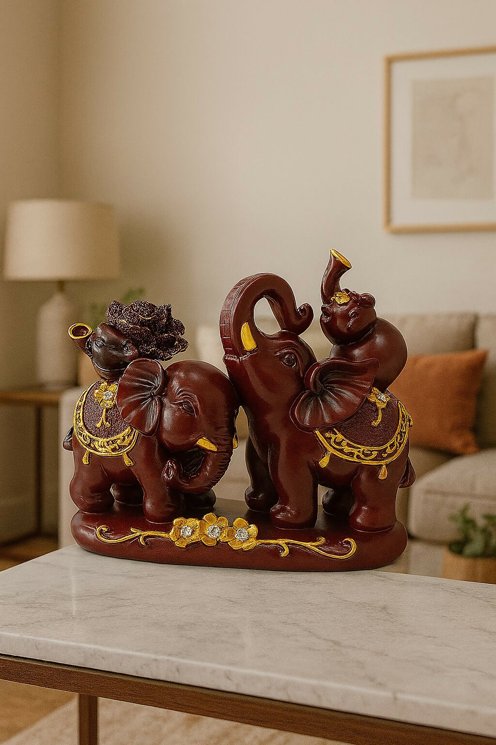 HOME DECOR Royal Resin Elephant Family Showpiece with Rose Flower and Baby Elephant – Decorative Tabletop Statue for Home, Living Room, and Gift Purposes