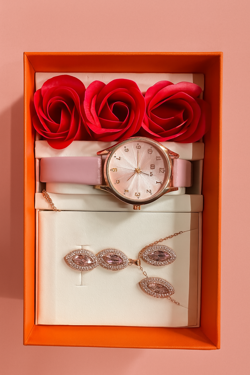 Luxury Pink Watch & Rose Gold Jewelry Gift Set for Women – Designer Analog Watch, Pink Stone Earrings & Pendant with Artificial Roses in Premium Orange Box | Birthday, Anniversary & Festive Gift Combo